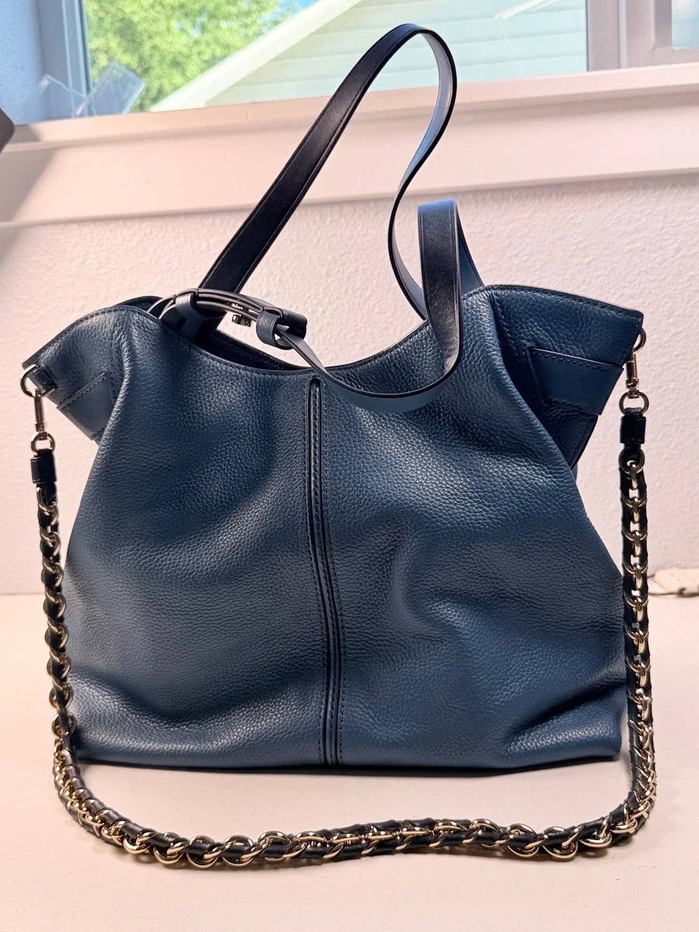 Michael Kors Blue Pebbled Leather Large Tote Shoulder Bag Chain Strap purse
